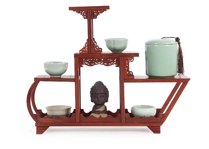 四款紅木紫砂壺架子，血檀博古架造型