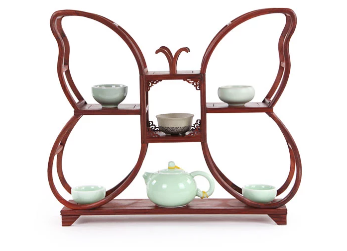 四款紅木紫砂壺架子，血檀博古架造型