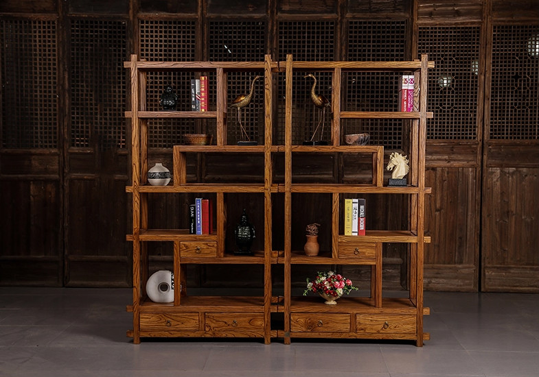 中式博古架隔斷，新中式簡約榆木博古架