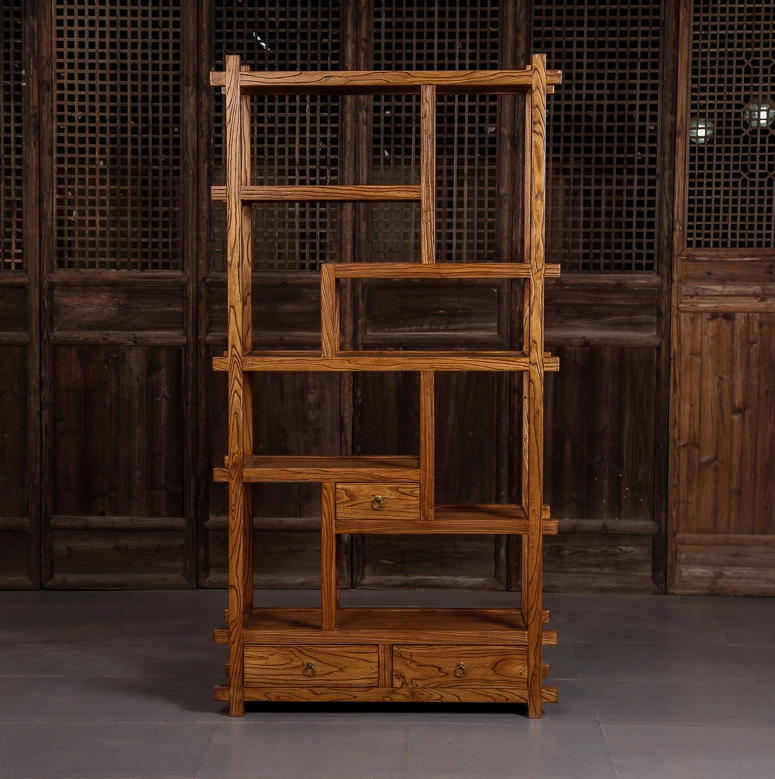 中式博古架隔斷，新中式簡約榆木博古架