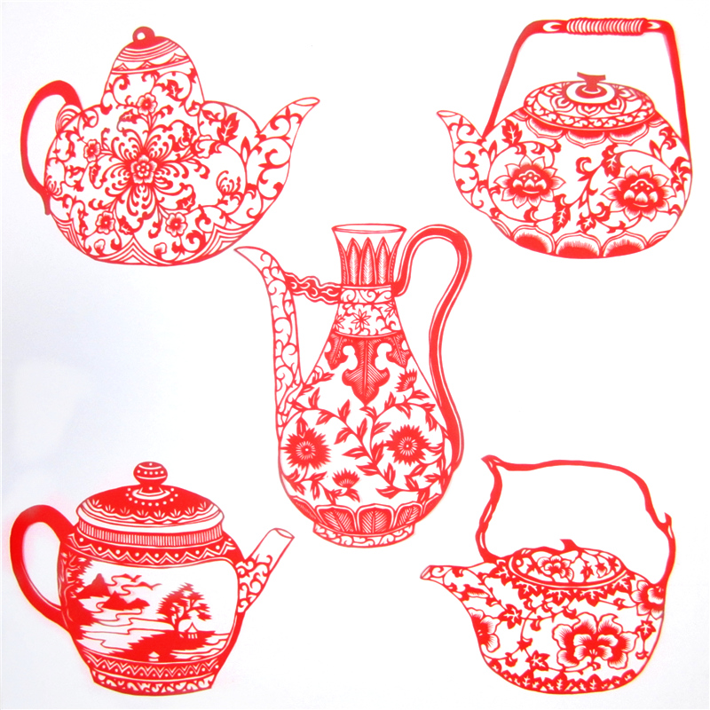 11款精美手工紅花瓷剪紙，茶壺剪紙工藝品