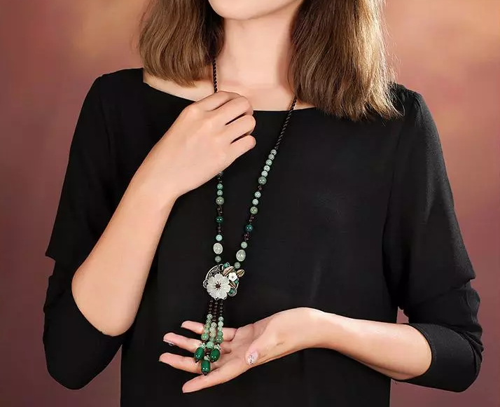 時尚福連文苑玉石項鏈精致古風毛衣鏈首飾