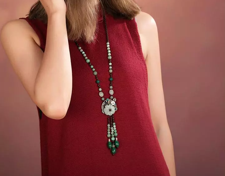 時尚福連文苑玉石項鏈精致古風毛衣鏈首飾