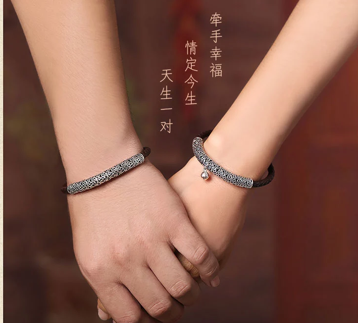 福連文苑古風(fēng)牛皮情侶手環(huán)手鏈簡約銀首飾