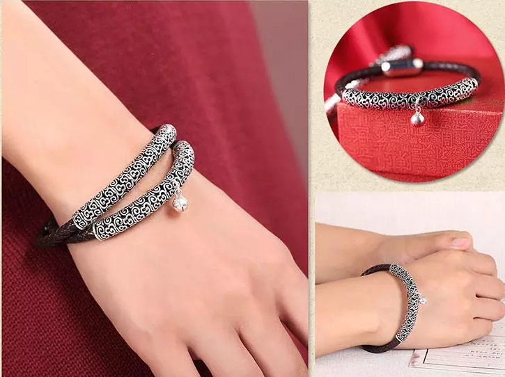 福連文苑古風(fēng)牛皮情侶手環(huán)手鏈簡約銀首飾