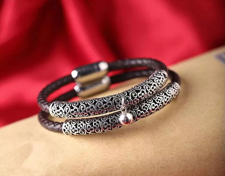 福連文苑古風(fēng)牛皮情侶手環(huán)手鏈簡約銀首飾