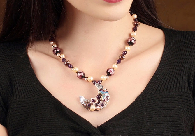 珍珠紫水晶項(xiàng)鏈，月牙吊墜鎖骨鏈福連文苑首飾