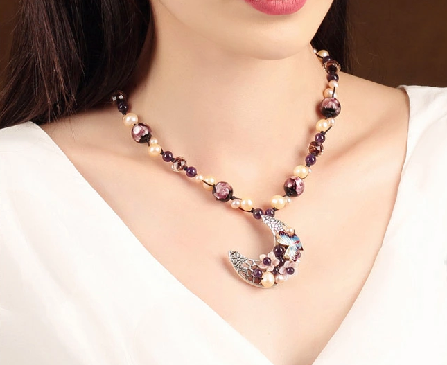 珍珠紫水晶項(xiàng)鏈，月牙吊墜鎖骨鏈福連文苑首飾