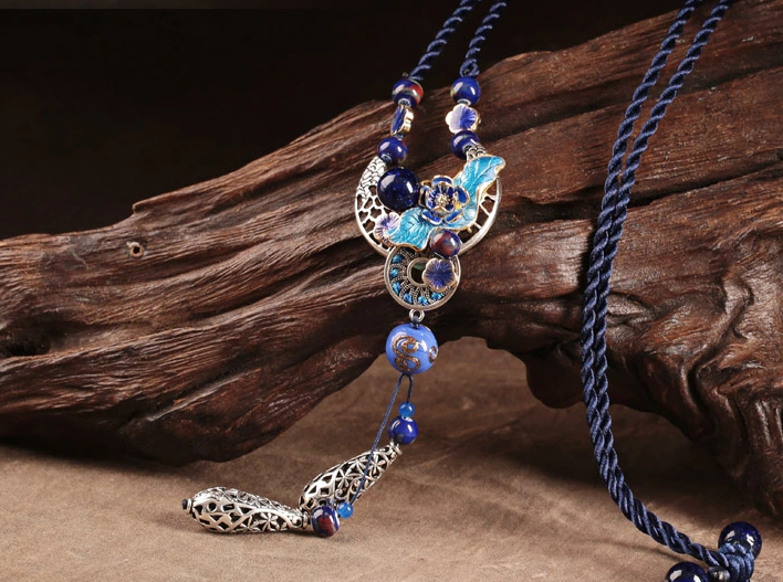 古典福連文苑毛衣鏈，復古風景泰藍琉璃吊墜項鏈