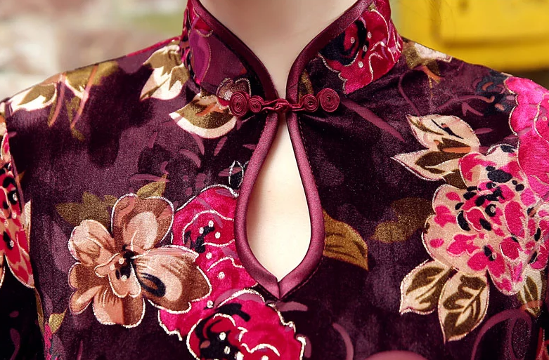 絲絨長款旗袍，改良中式旗袍