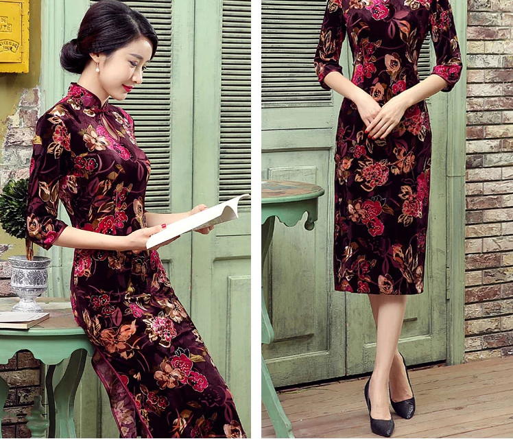 絲絨長款旗袍，改良中式旗袍