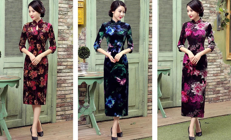 絲絨長款旗袍，改良中式旗袍