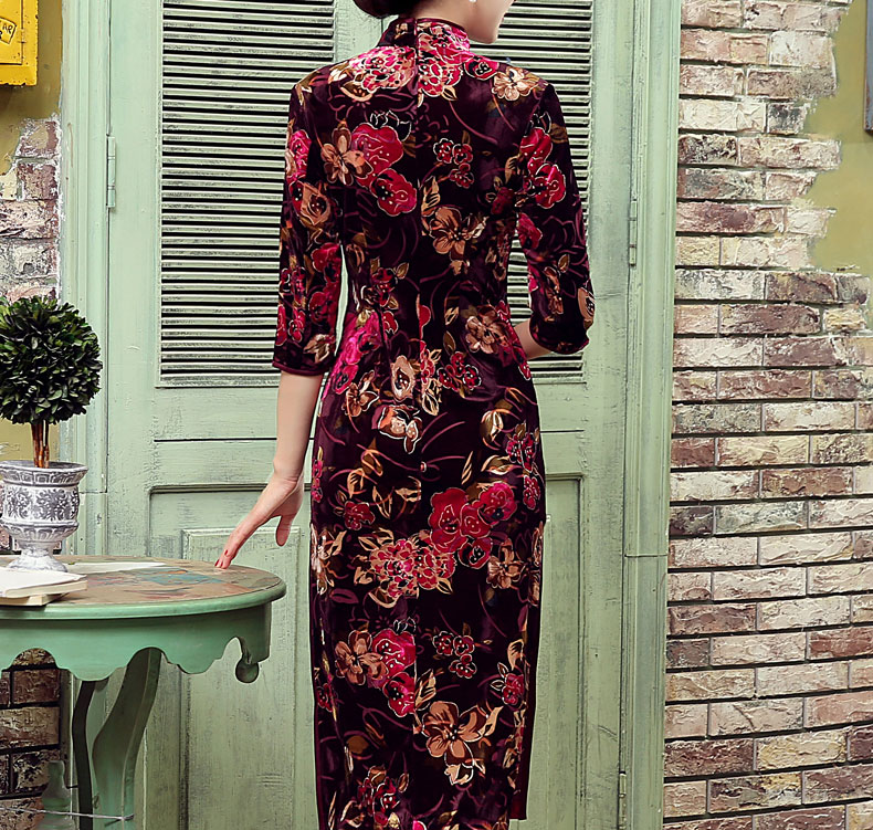 絲絨長款旗袍，改良中式旗袍