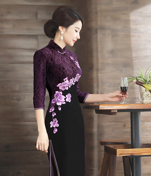繡花蕾絲金絲絨長款旗袍，中袖優(yōu)雅旗袍