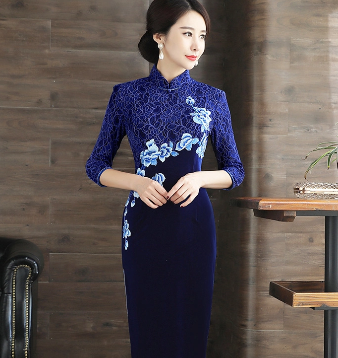 繡花蕾絲金絲絨長款旗袍，中袖優(yōu)雅旗袍