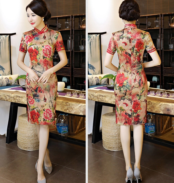 復(fù)古改良長款旗袍，真絲優(yōu)雅旗袍
