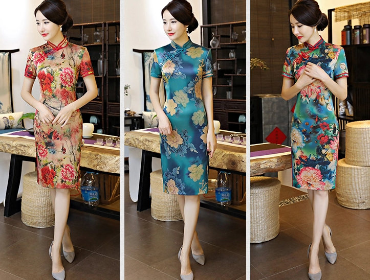 復(fù)古改良長款旗袍，真絲優(yōu)雅旗袍