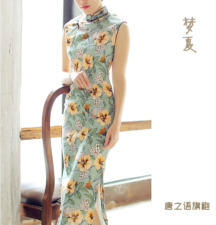 時(shí)尚棉麻長款旗袍，復(fù)古印花旗袍