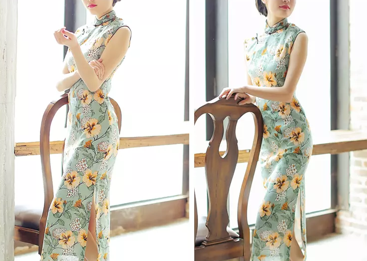 時(shí)尚棉麻長款旗袍，復(fù)古印花旗袍