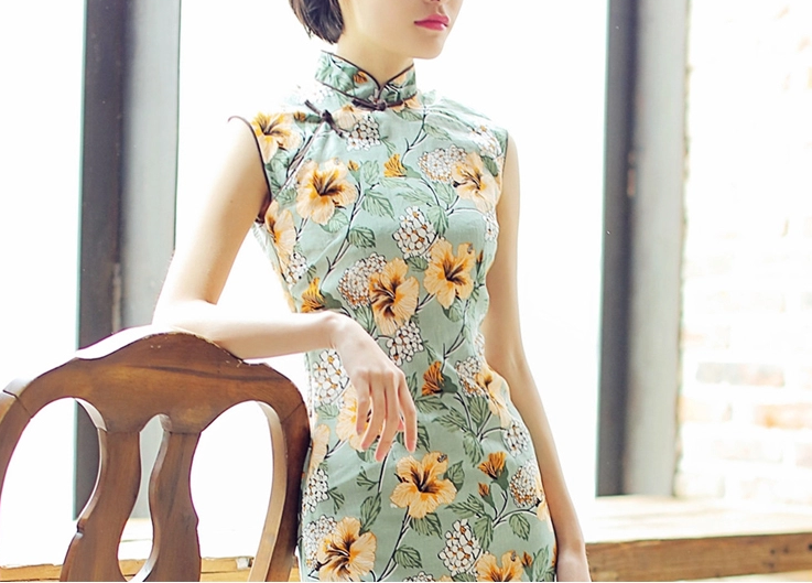 時(shí)尚棉麻長款旗袍，復(fù)古印花旗袍
