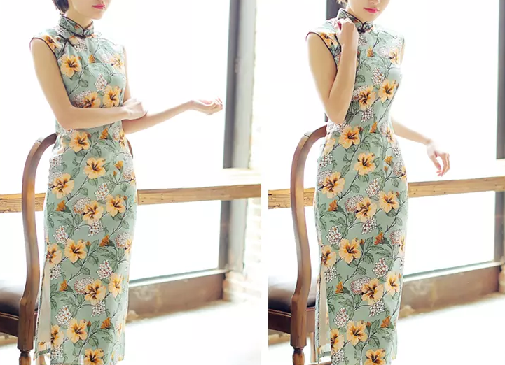 時(shí)尚棉麻長款旗袍，復(fù)古印花旗袍