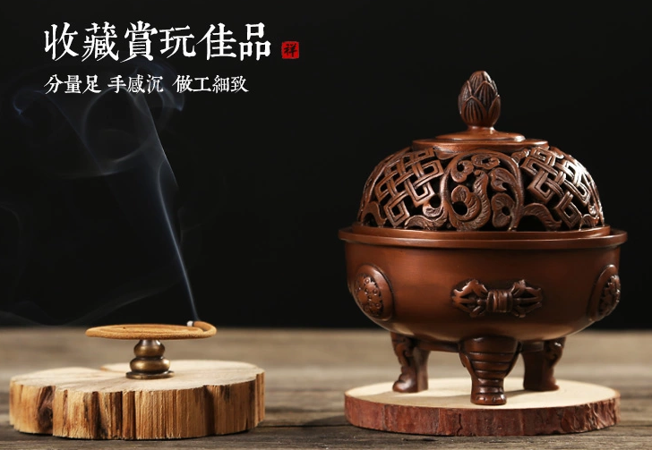 吉祥蓮花三足香爐，仿古紫銅熏香爐