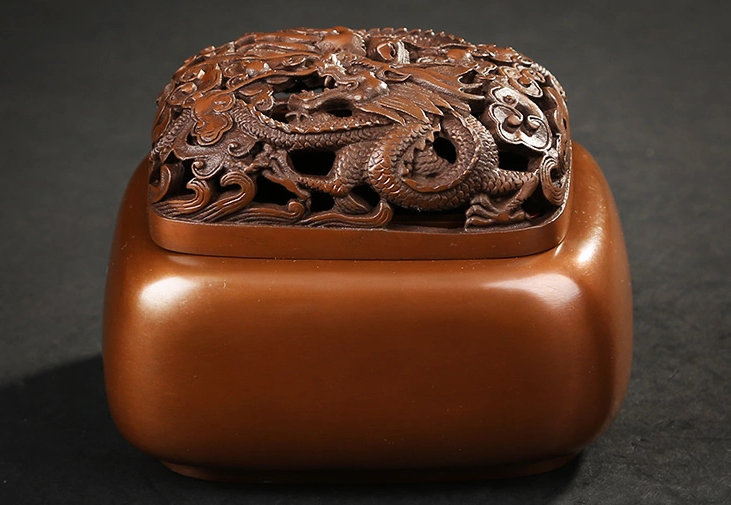 雙龍浮雕香爐，鏤空仿古紫銅熏香爐