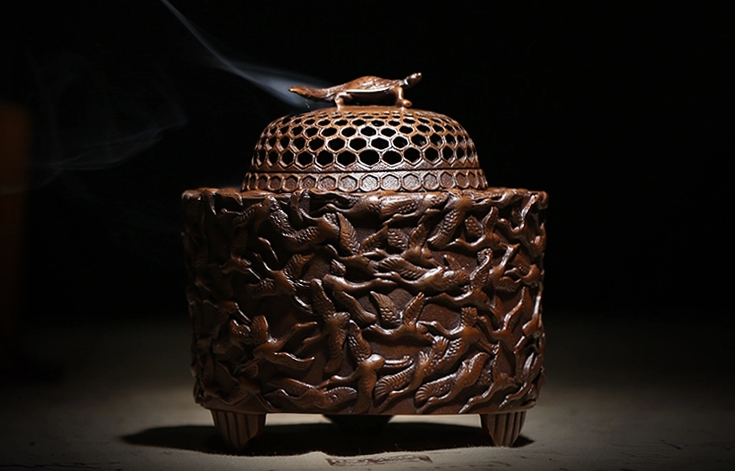 千鶴紫銅香爐，仿古純銅熏香爐