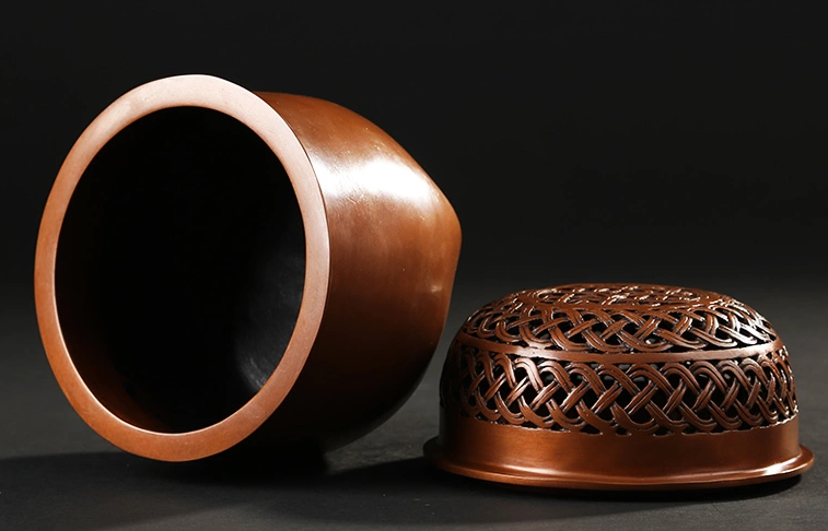 藤編紫銅香爐，仿古印章純銅熏香爐