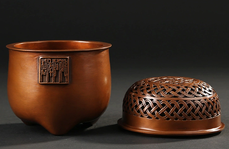 藤編紫銅香爐，仿古印章純銅熏香爐