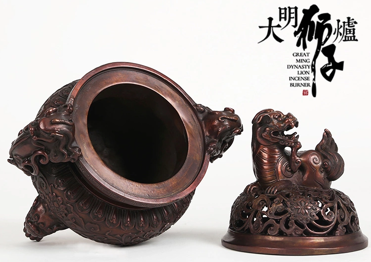 大明獅子紫銅香爐，仿古宣德熏香爐