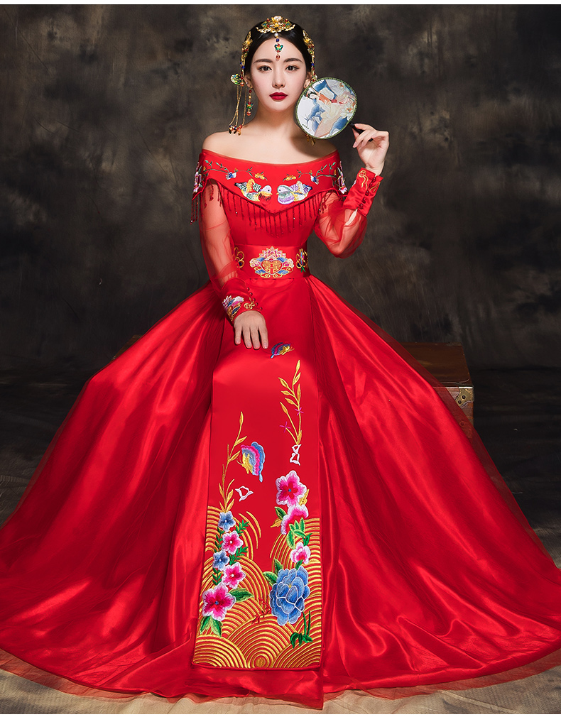 時尚福連文苑新娘禮服，一字肩中式結(jié)婚禮服