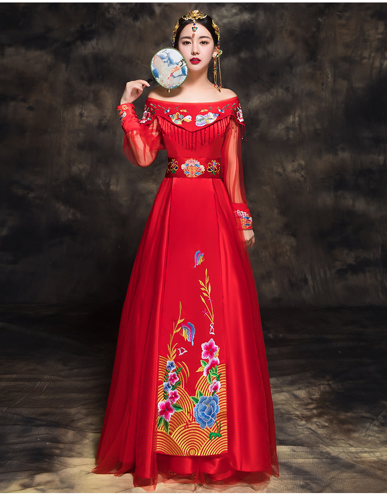 時尚福連文苑新娘禮服，一字肩中式結(jié)婚禮服