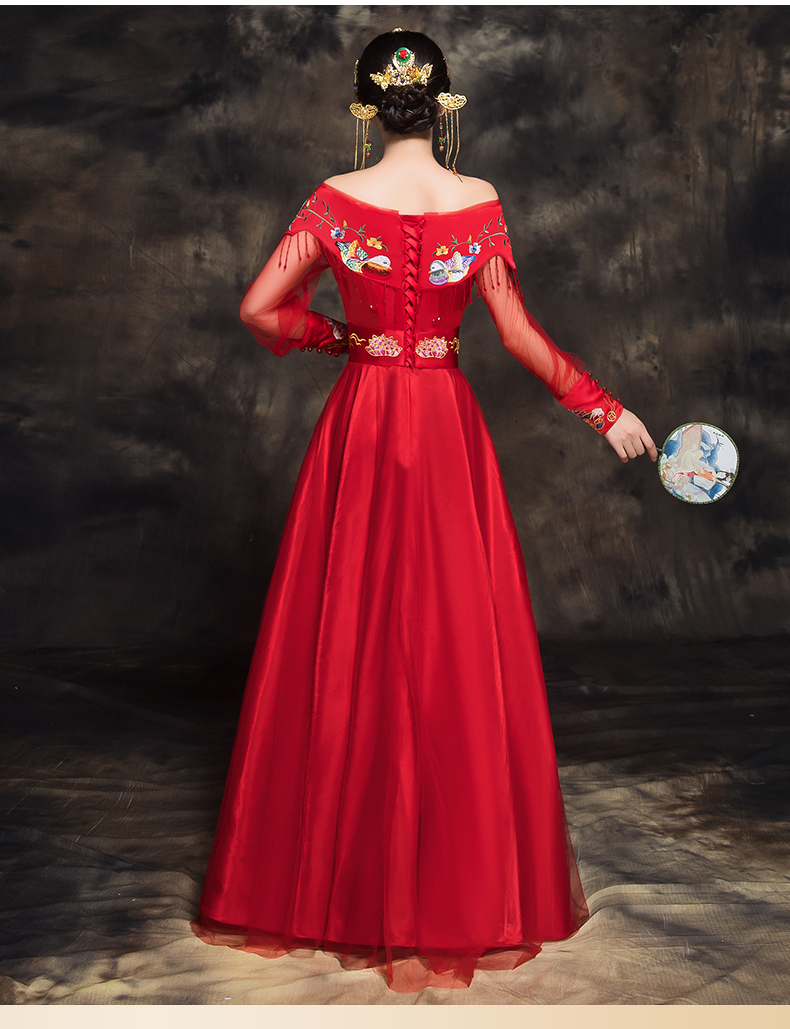 時尚福連文苑新娘禮服，一字肩中式結(jié)婚禮服