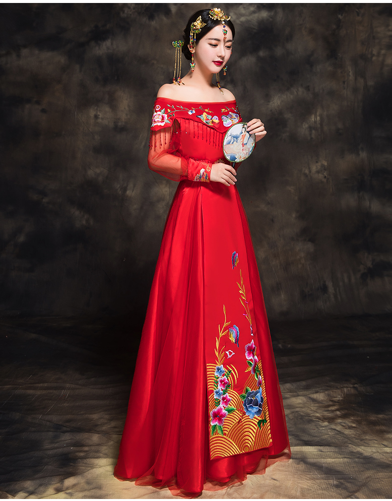 時尚福連文苑新娘禮服，一字肩中式結(jié)婚禮服