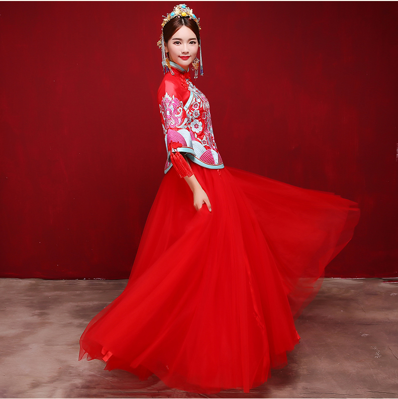 時尚復古設計中式禮服，唯美飄逸新娘禮服