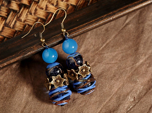 藍(lán)色琉璃瑪瑙首飾，時(shí)尚氣質(zhì)耳環(huán)