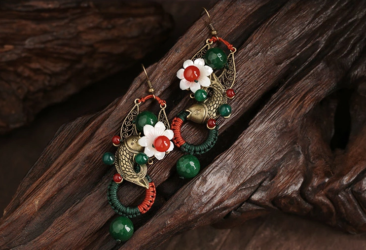 復古風夸張耳墜，貝殼花朵魚耳環(huán)