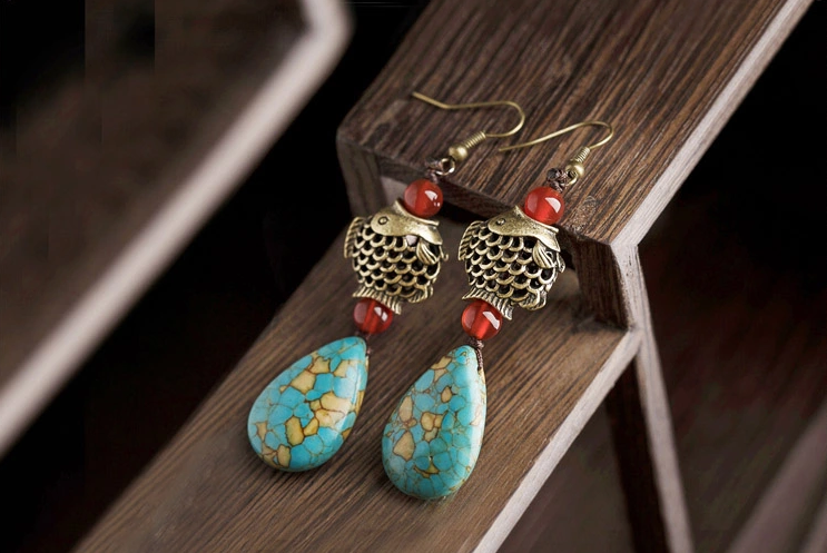 魚水滴形松石耳環(huán)，古典復(fù)古風(fēng)首飾