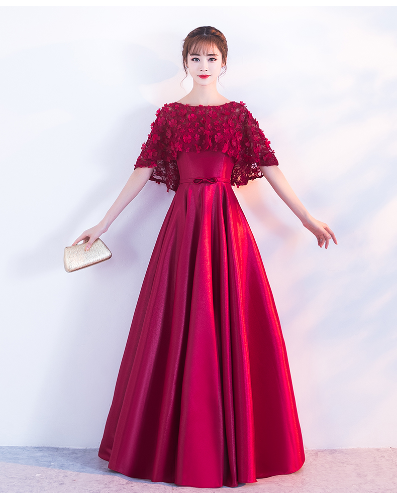 時(shí)尚福連文苑中式禮服，紅色蕾絲花朵晚禮服