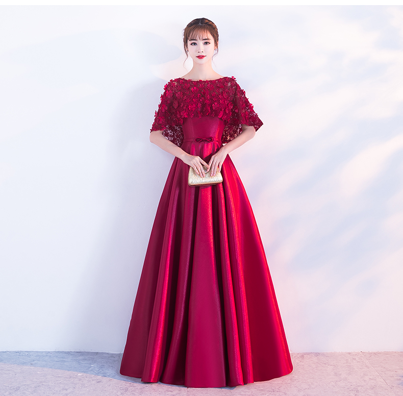 時(shí)尚福連文苑中式禮服，紅色蕾絲花朵晚禮服