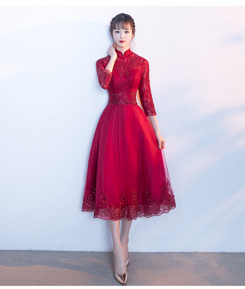 福連文苑紅色中式禮服，長(zhǎng)袖修身晚禮服