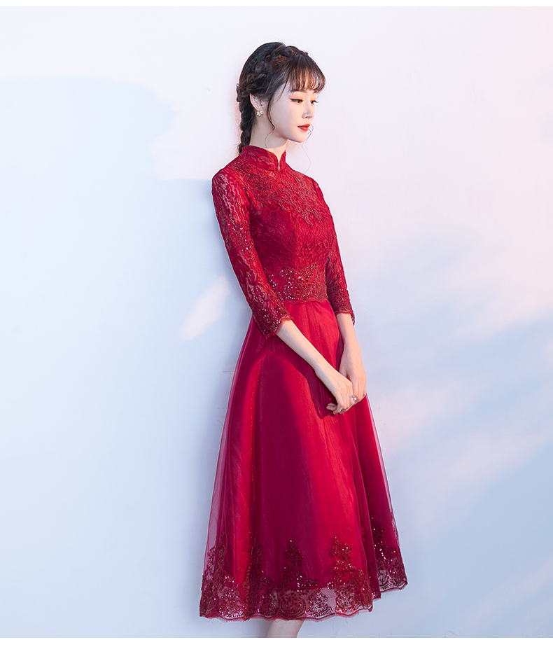 福連文苑紅色中式禮服，長(zhǎng)袖修身晚禮服