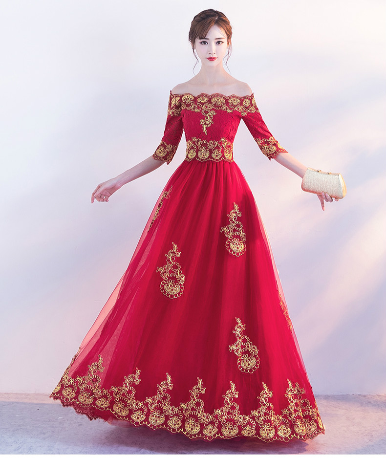 時(shí)尚一字肩中式禮服，紅色復(fù)古蕾絲晚禮服