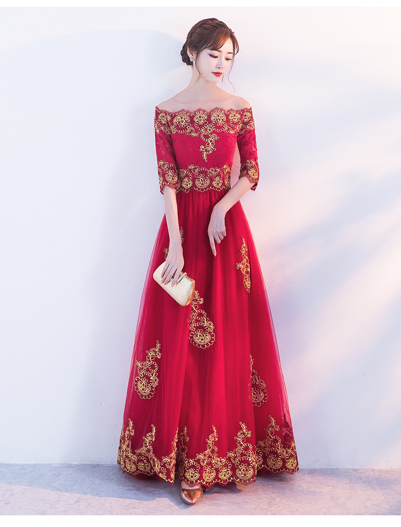 時(shí)尚一字肩中式禮服，紅色復(fù)古蕾絲晚禮服