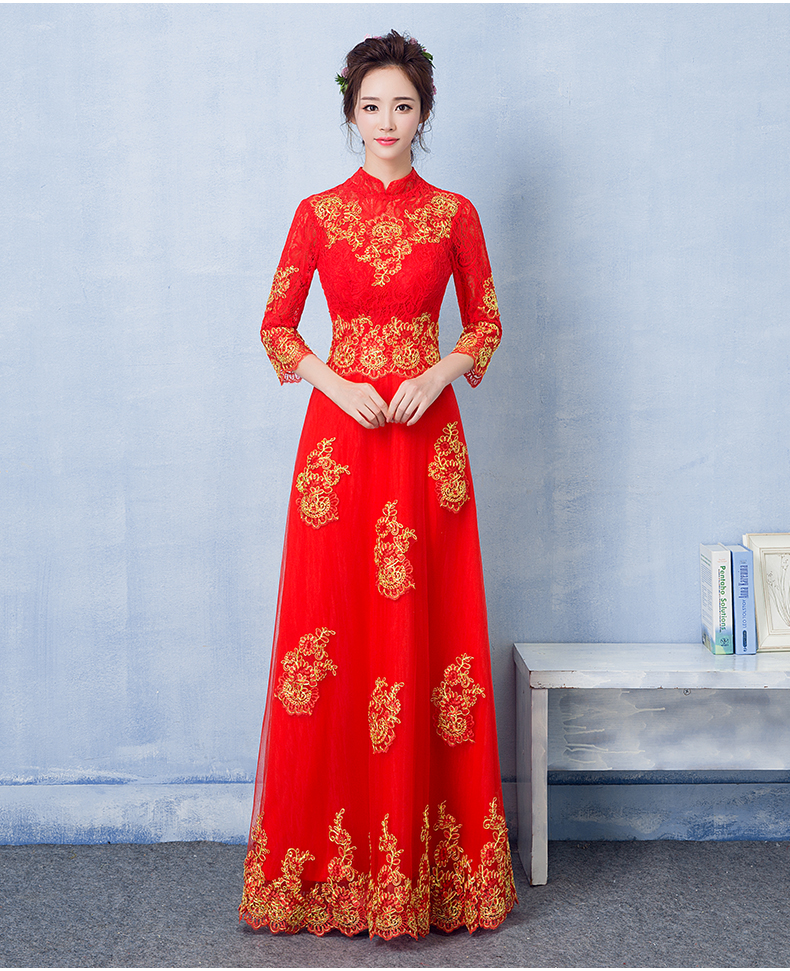 福連文苑蕾絲刺繡中式禮服，紅色復古新娘晚禮服
