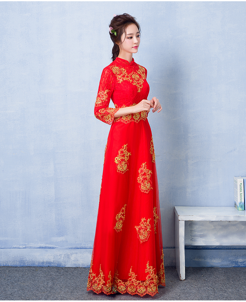 福連文苑蕾絲刺繡中式禮服，紅色復古新娘晚禮服