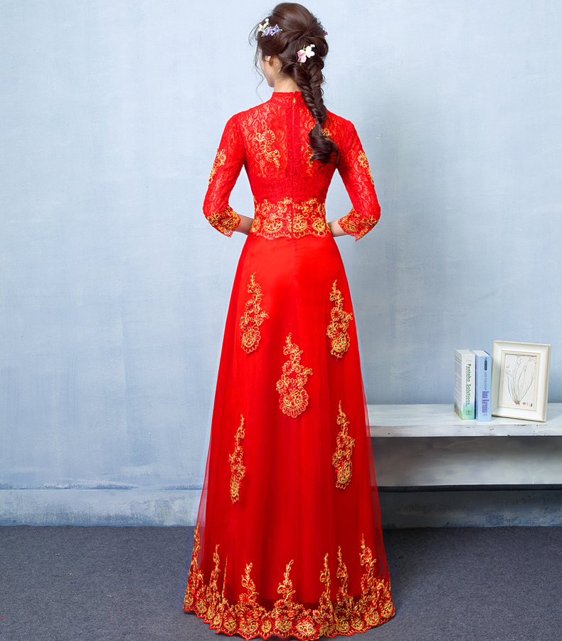 福連文苑蕾絲刺繡中式禮服，紅色復古新娘晚禮服