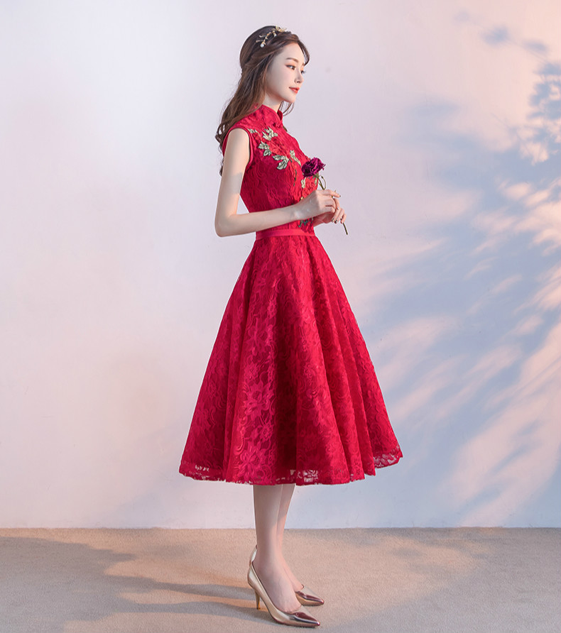 時尚無袖中式禮服，紅色蕾絲印花晚禮服