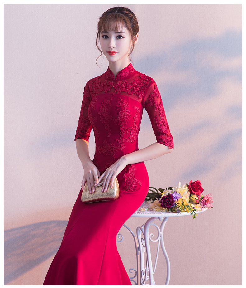 時尚福連文苑中式禮服，紅色蕾絲花朵魚尾晚禮服